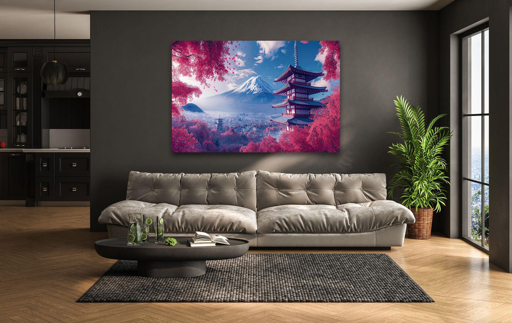 Fuji in Japan With The Pagoda Pink Glass Wall Art glass wall decor, glass wall art decor
