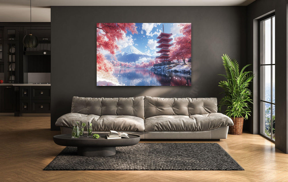 Fuji in Japan With The Pagoda Snowy Glass Wall Art art glass wall art, glass wall art pictures
