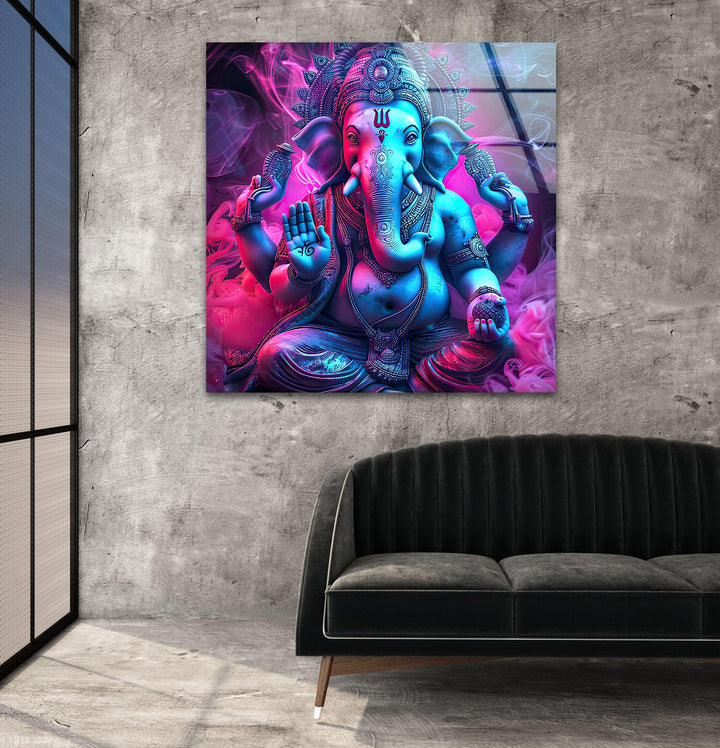 Neon Ganesha Glass Wall Art Glass Printing Wall Art, Print photos on glass
