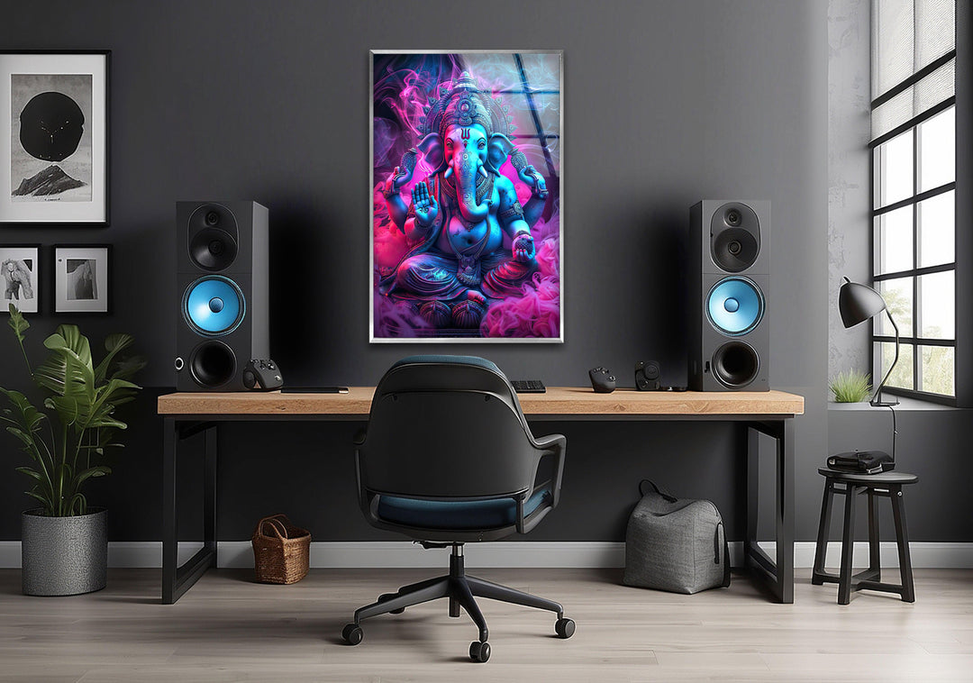 Neon Ganesha Glass Wall Art print on glass, glass printed photos
