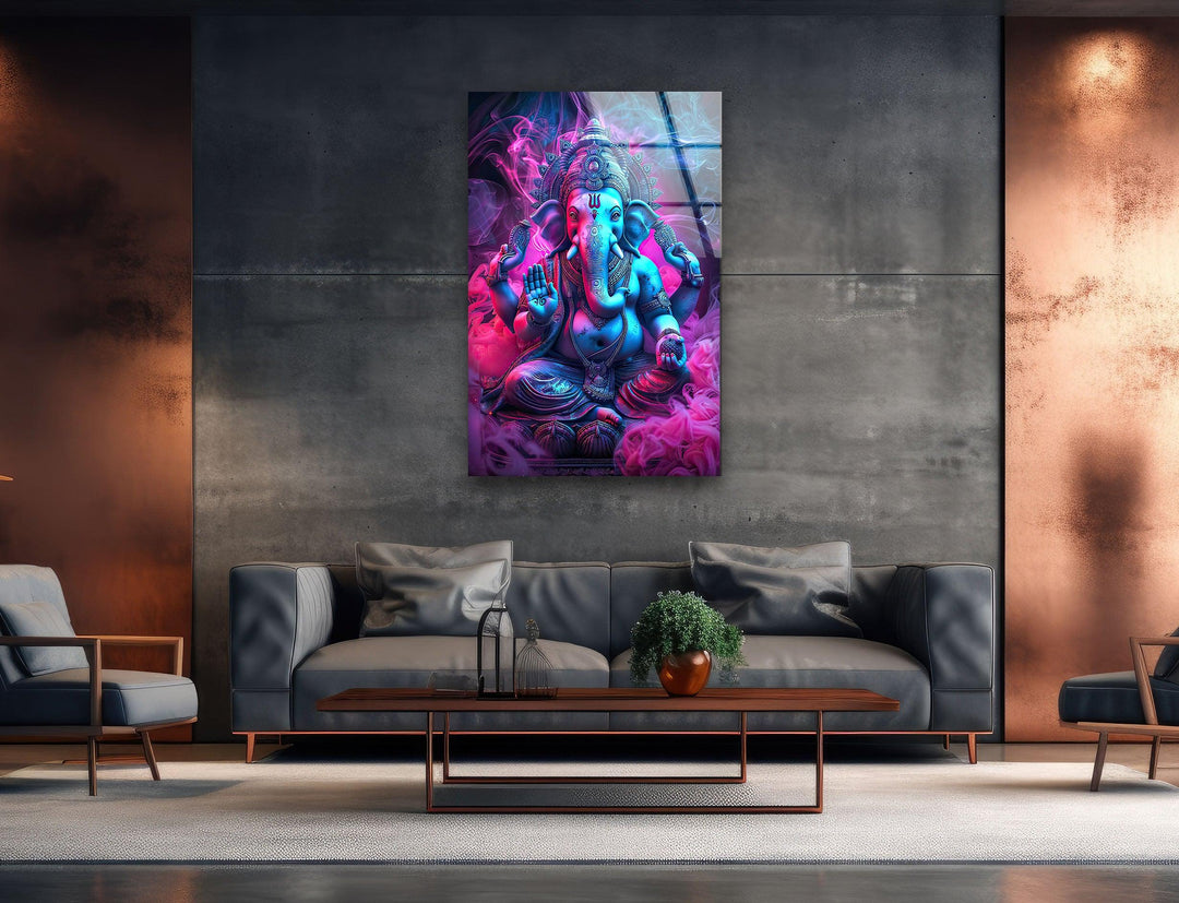 Neon Ganesha Glass Wall Art print picture on glass, Tempered Glass Wall Art
