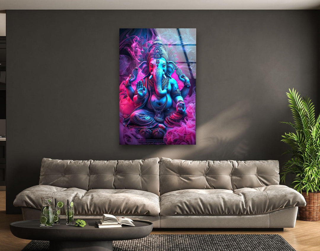 Neon Ganesha Glass Wall Art picture on glass wall art, photos printed on glass
