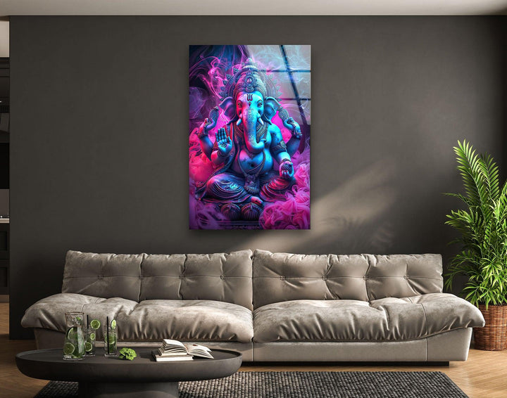 Neon Ganesha Glass Wall Art picture on glass wall art, photos printed on glass
