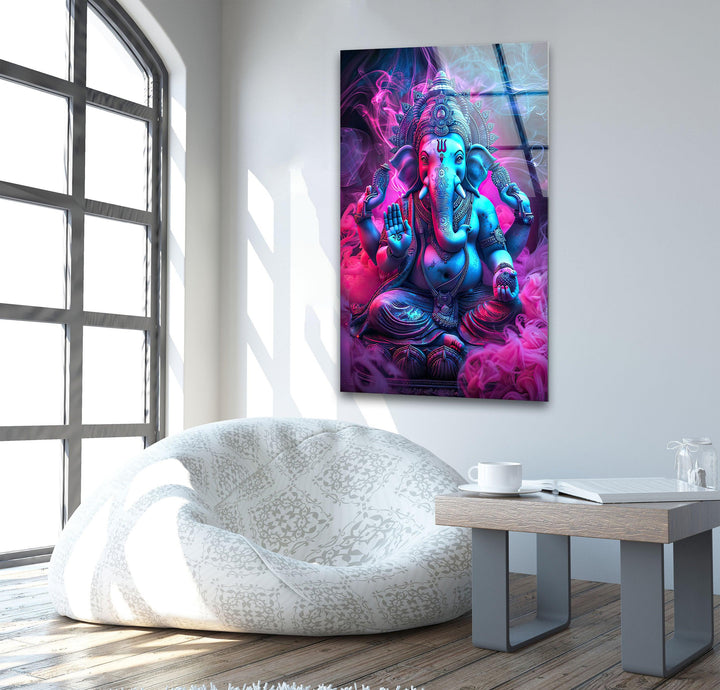 Neon Ganesha Glass Wall Art glass art painting, glass art for the Wall
