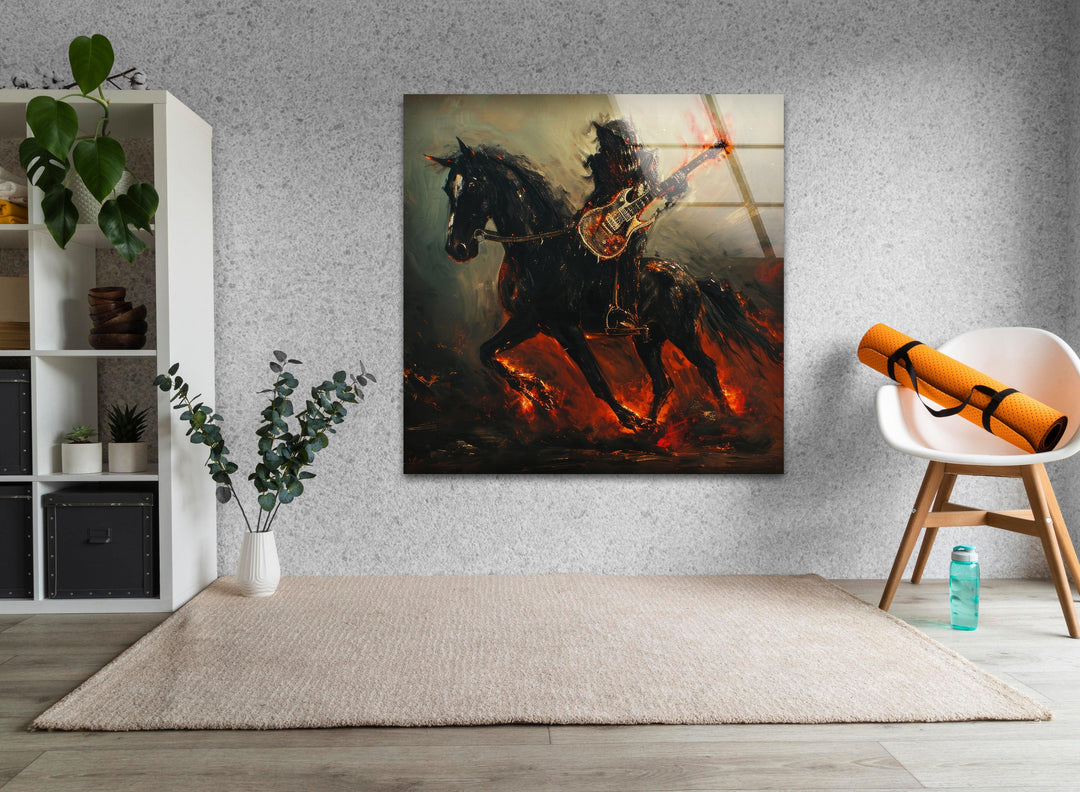 Horse with a Dragon Guitarist Glass Wall Art