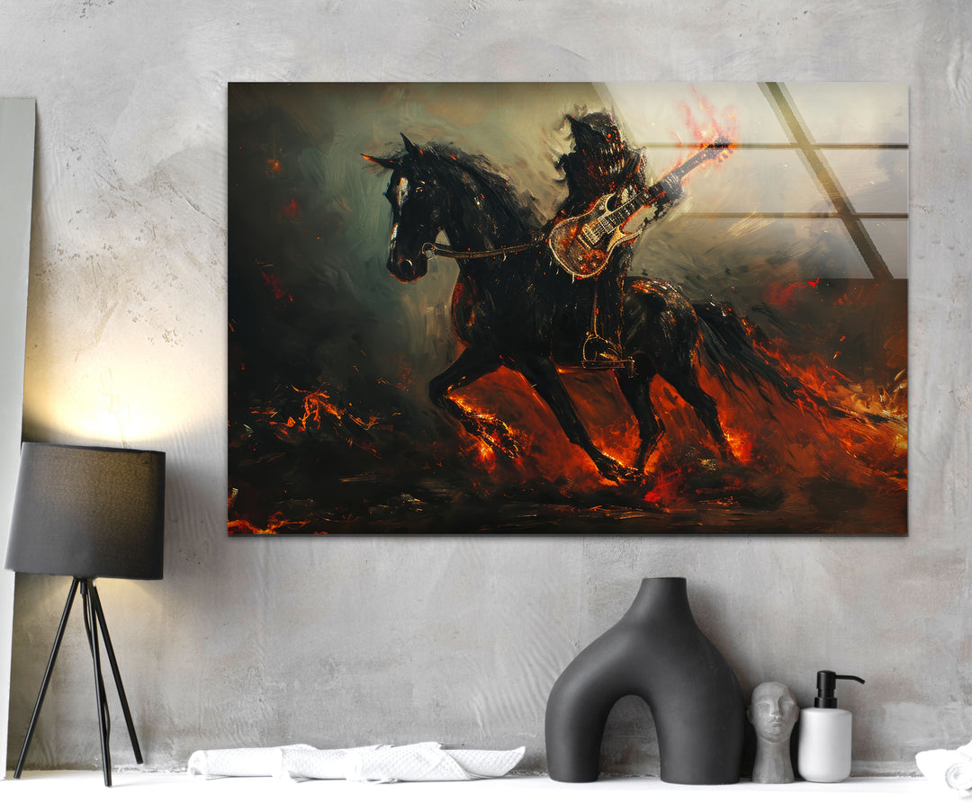 Horse with a Dragon Guitarist Glass Wall Art