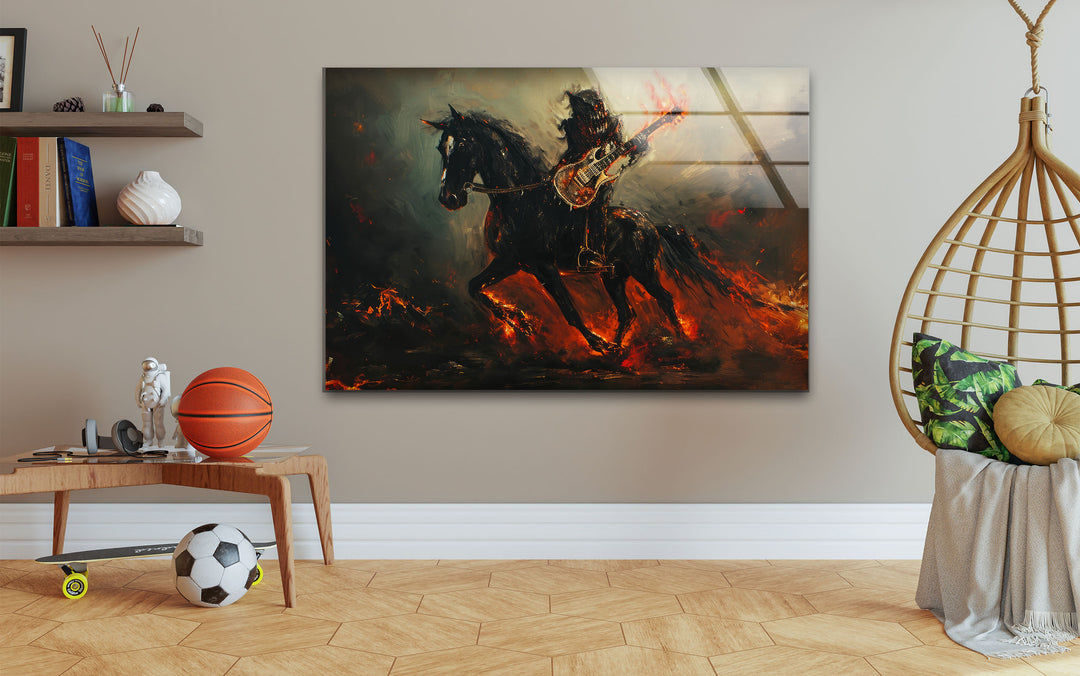 Horse with a Dragon Guitarist Glass Wall Art