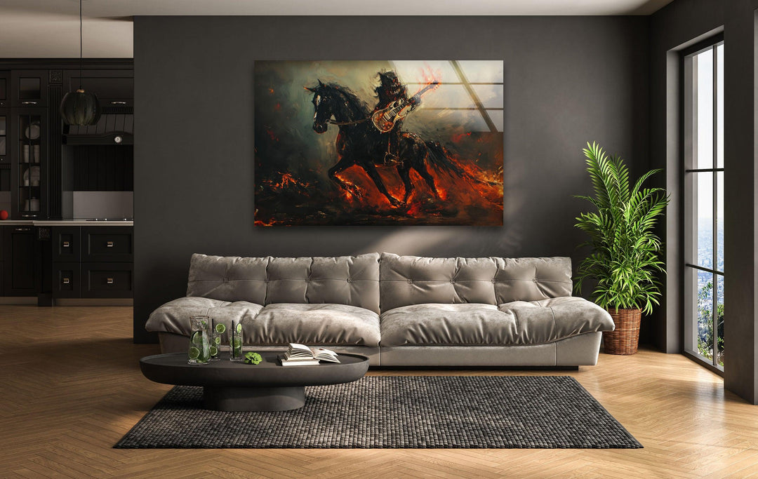 Horse with a Dragon Guitarist Glass Wall Art