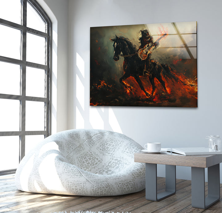 Horse with a Dragon Guitarist Glass Wall Art