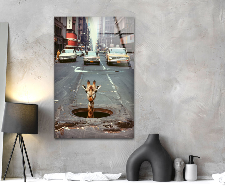 Giraffe In Traffic Tempered Glass Wall Art - MyPhotoStation