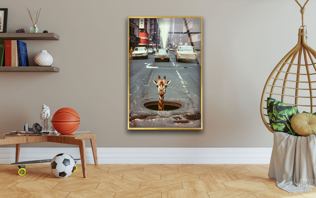 Giraffe In Traffic Tempered Glass Wall Art - MyPhotoStation