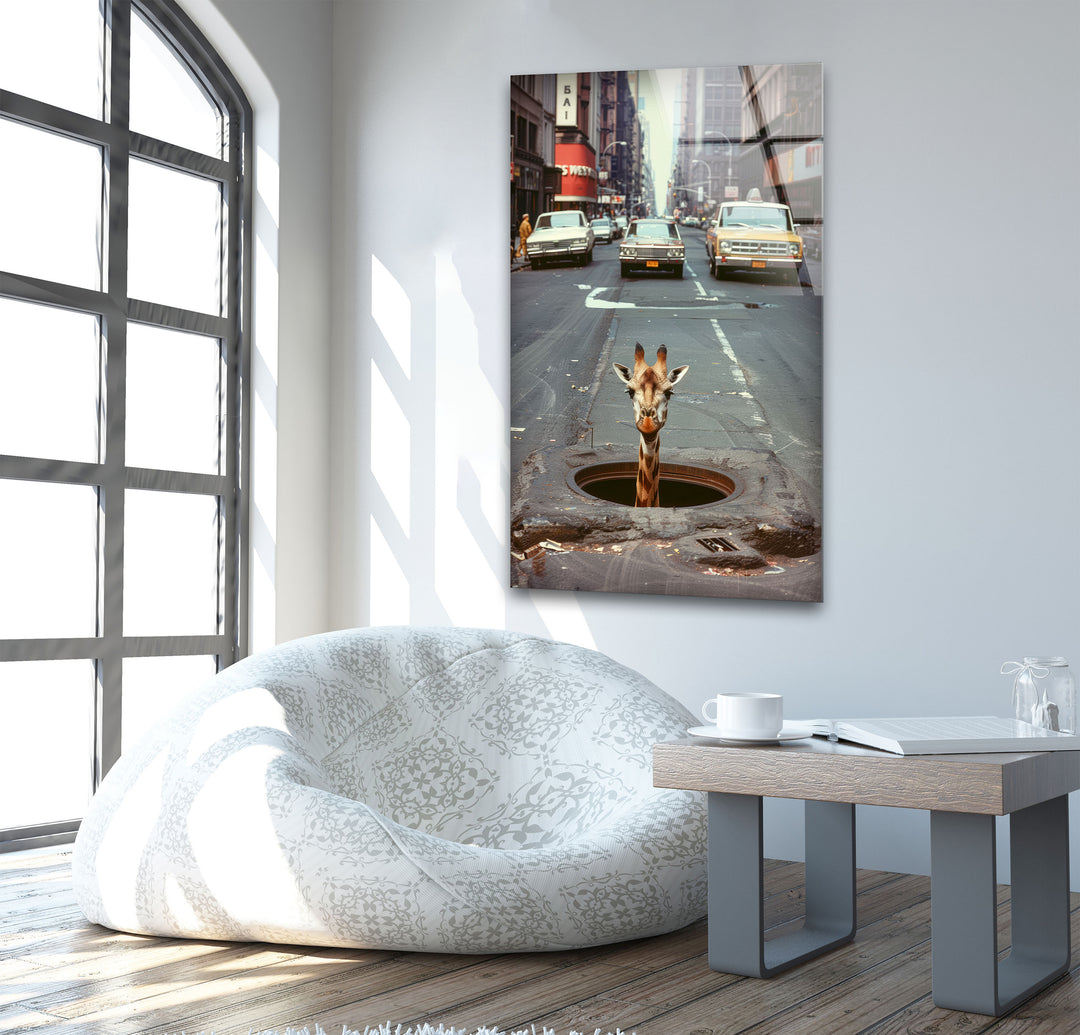 Giraffe In Traffic Tempered Glass Wall Art - MyPhotoStation