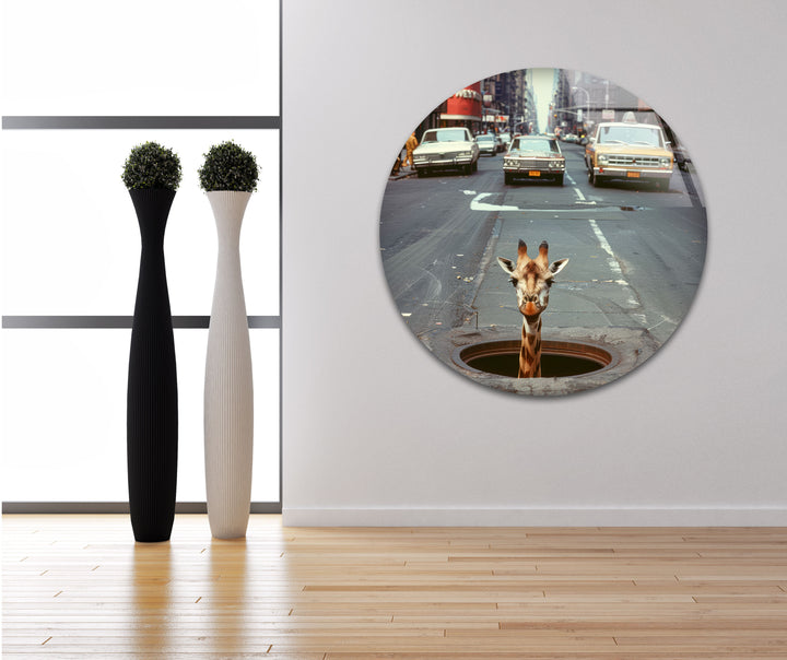 Giraffe In Traffic Tempered Glass Wall Art - MyPhotoStation