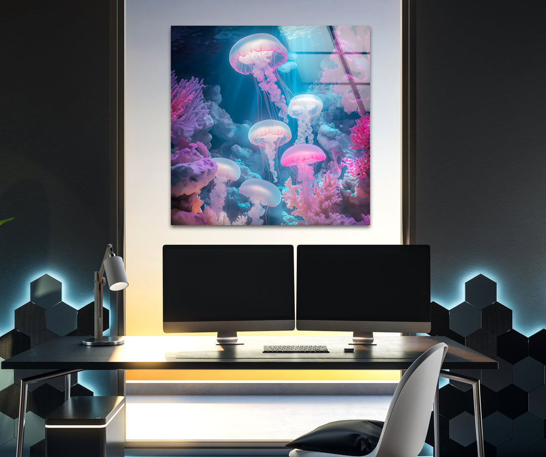 Glowing Neon Jellyfish Glass Wall Art Glass Printing Wall Art, Print photos on glass