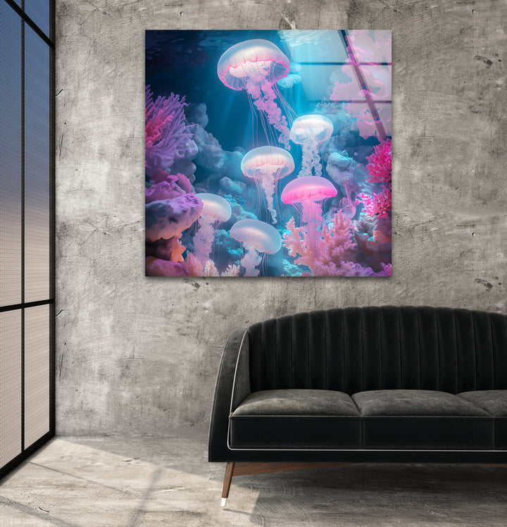 Glowing Neon Jellyfish Glass Wall Art glass art painting, glass art for the Wall