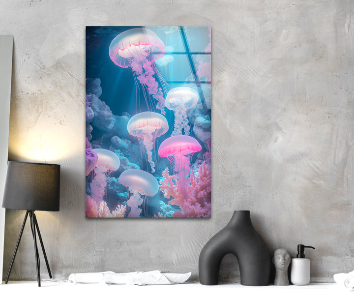 Glowing Neon Jellyfish Glass Wall Art glass pictures for Wall, glass prints wall art