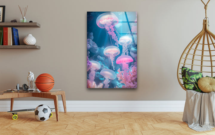 Glowing Neon Jellyfish Glass Wall Art custom glass pictures, glass art prints