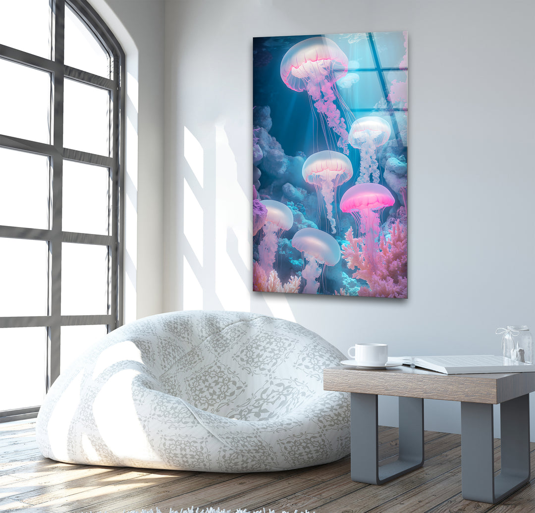 Glowing Neon Jellyfish Glass Wall Art photo print on glass, prints on glass wall art