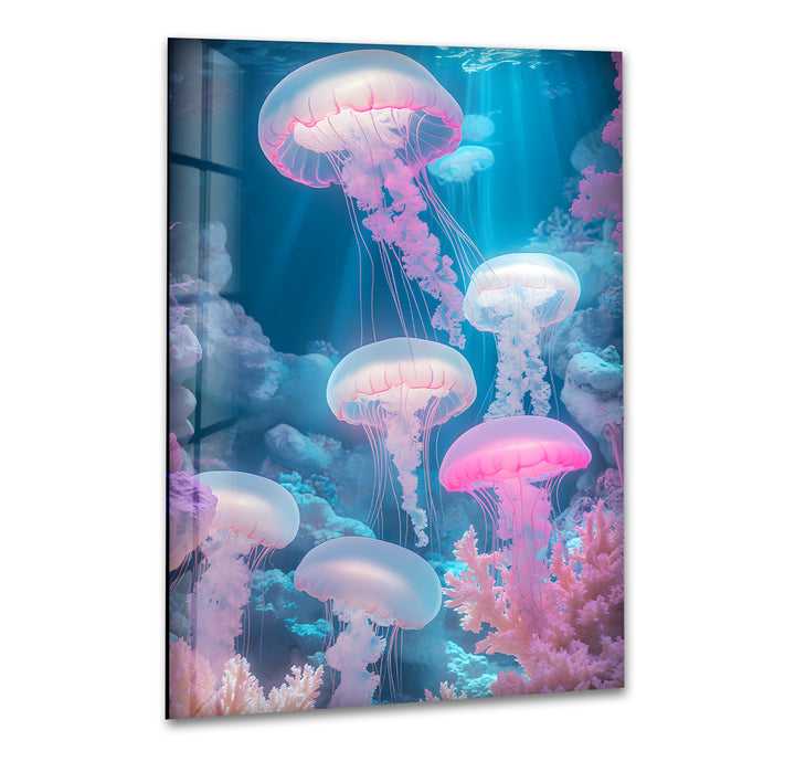 Glowing Neon Jellyfish Glass Wall Art print picture on glass, Tempered Glass Wall Art