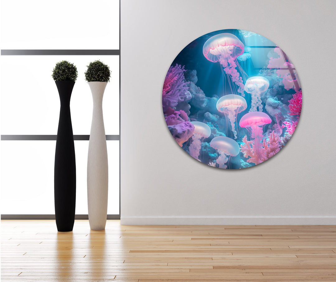 Glowing Neon Jellyfish Glass Wall Art stained glass wall art, stained glass wall decor