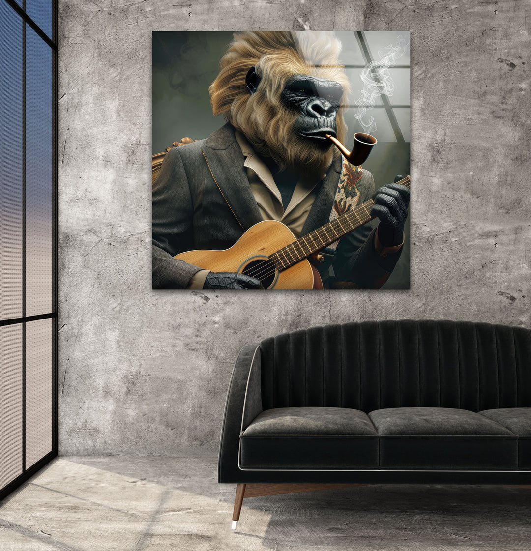 Gorilla With a Blonde Mane Glass Wall Art custom glass pictures, glass art prints
