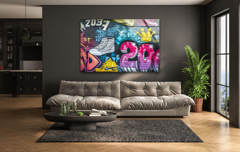 Colorful Graffiti Wall Glass Wall Art glass wall decor, glass wall art decor
