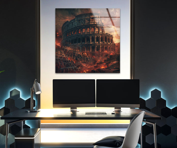 Burning Colosseum View Glass Wall Art, large glass photo prints, glass wall photos