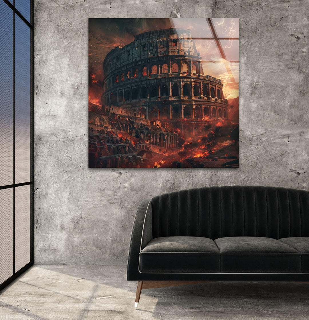 Burning Colosseum View Glass Wall Art, custom glass pictures, glass art prints