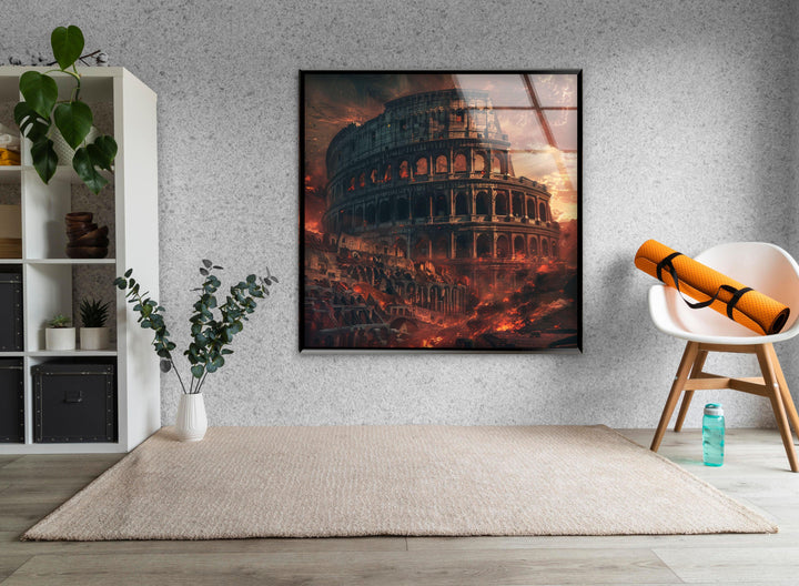 Burning Colosseum View Glass Wall Art, photo print on glass, prints on glass wall art