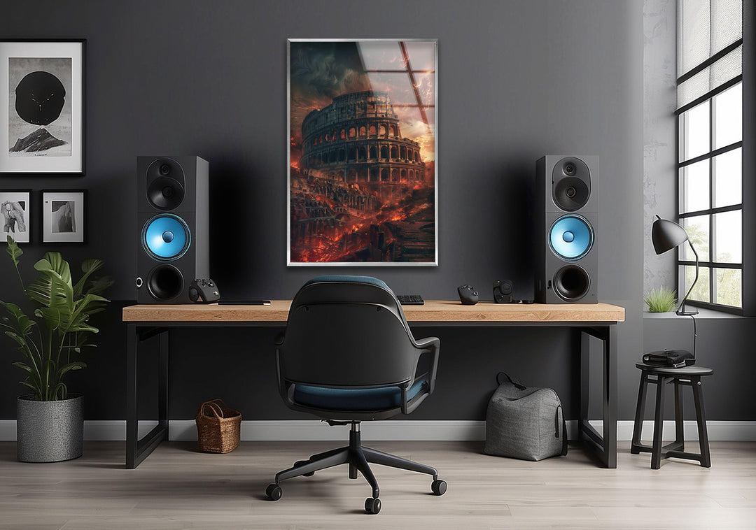 Burning Colosseum View Glass Wall Art, custom glass photo prints, large glass prints