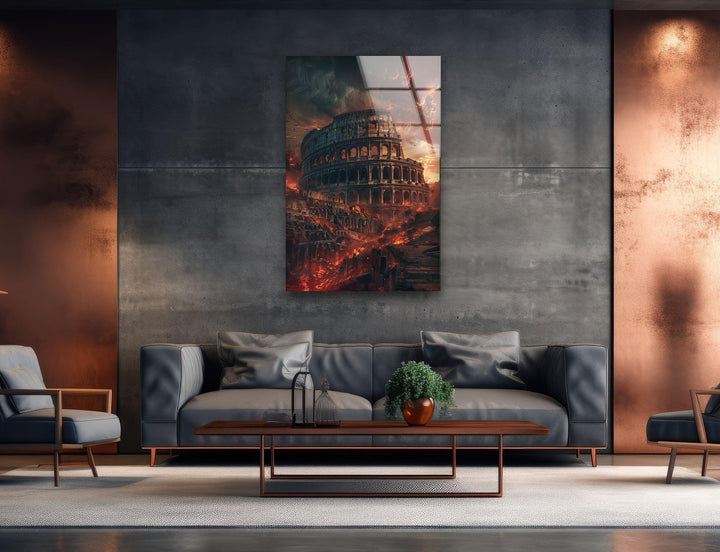 Burning Colosseum View Glass Wall Art, picture on glass wall art, photos printed on glass