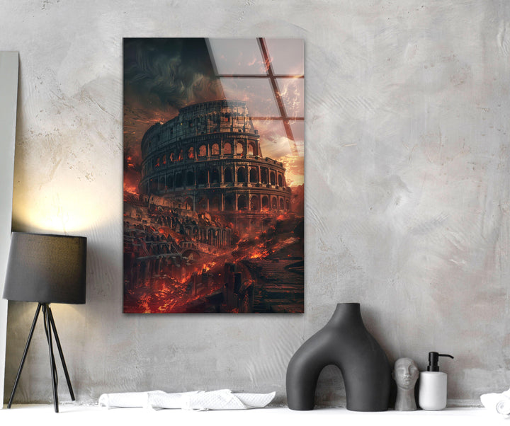 Burning Colosseum View Glass Wall Art, glass photo prints, glass picture prints