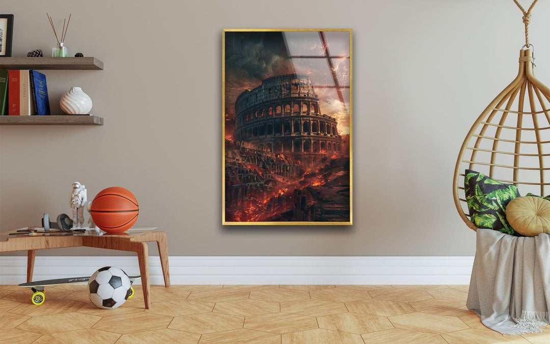 Burning Colosseum View Glass Wall Art, glass image printing, glass prints from photos