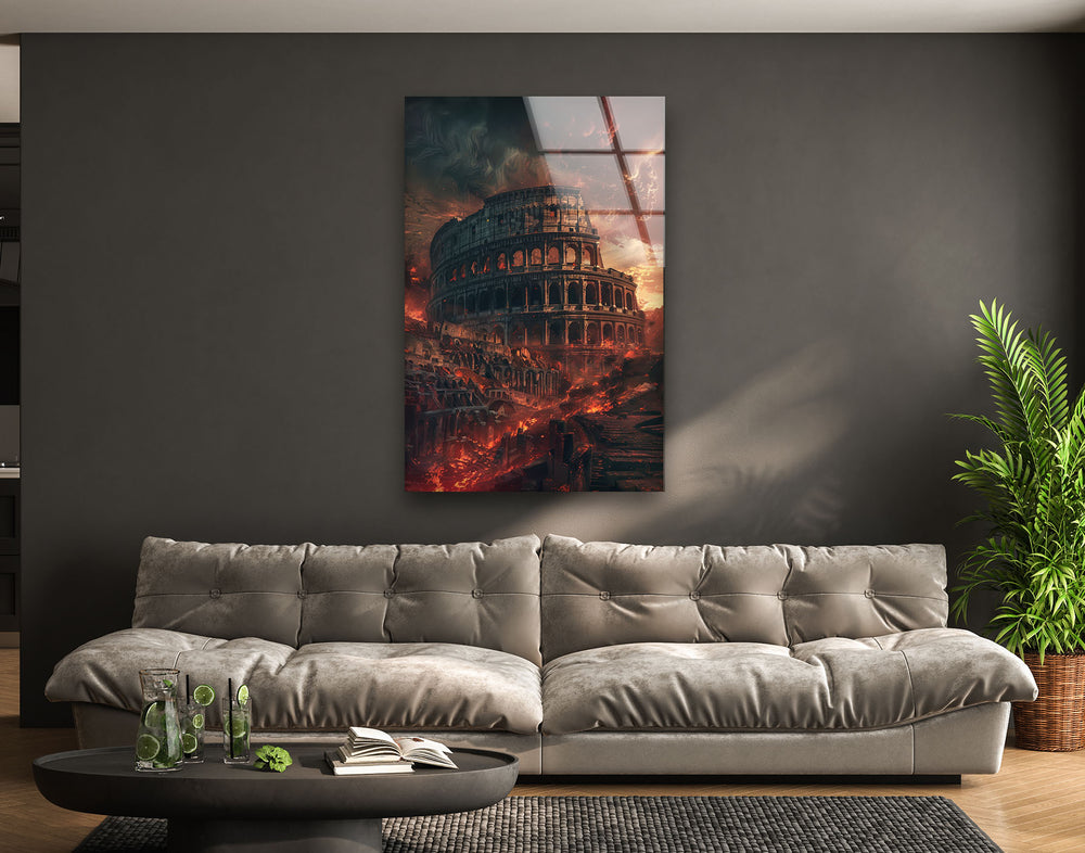 Burning Colosseum View Glass Wall Art, art glass wall art, glass wall art pictures