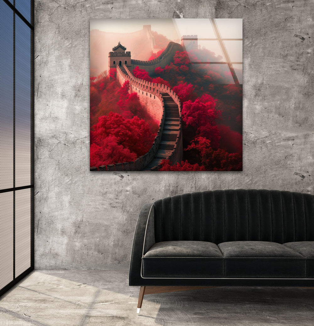 Great Wall of China Red Glass Wall Art glass art painting, glass art for the Wall
