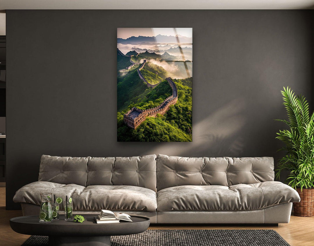 Great Wall of China Green Glass Wall Art print picture on glass, Tempered Glass Wall Art
