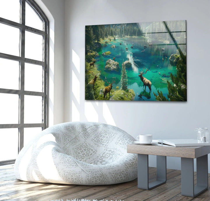 Green Lake & Deers Glass Wall Art custom glass photo prints, large glass prints