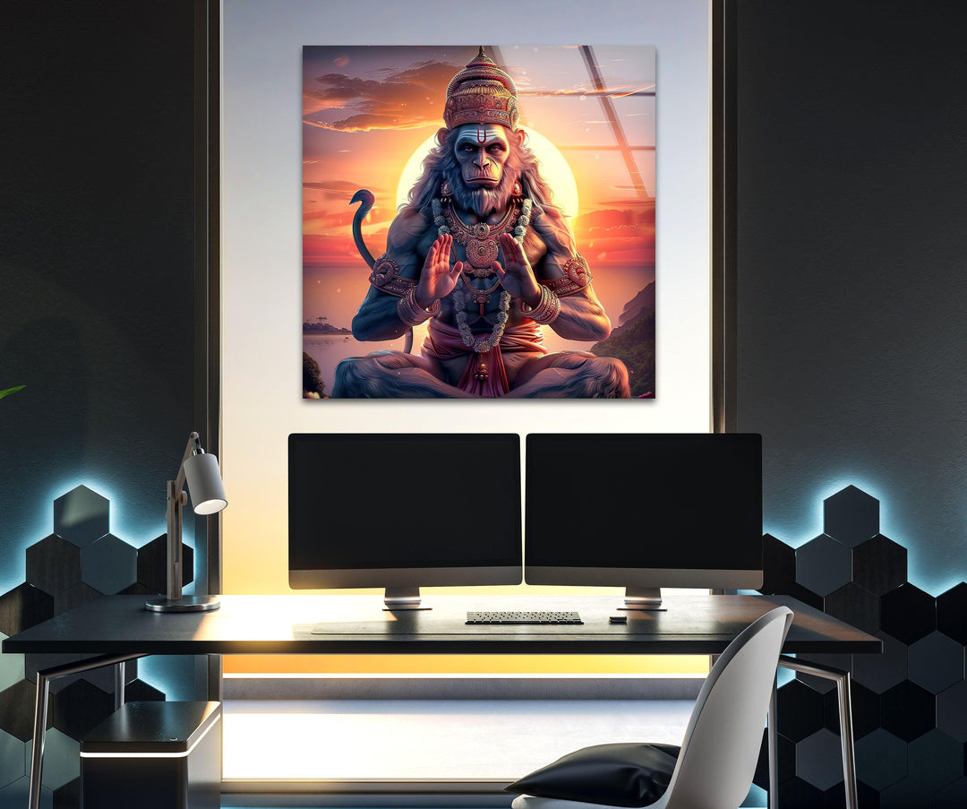 Hanuman God Orange Glass Wall Art print picture on glass, Tempered Glass Wall Art
