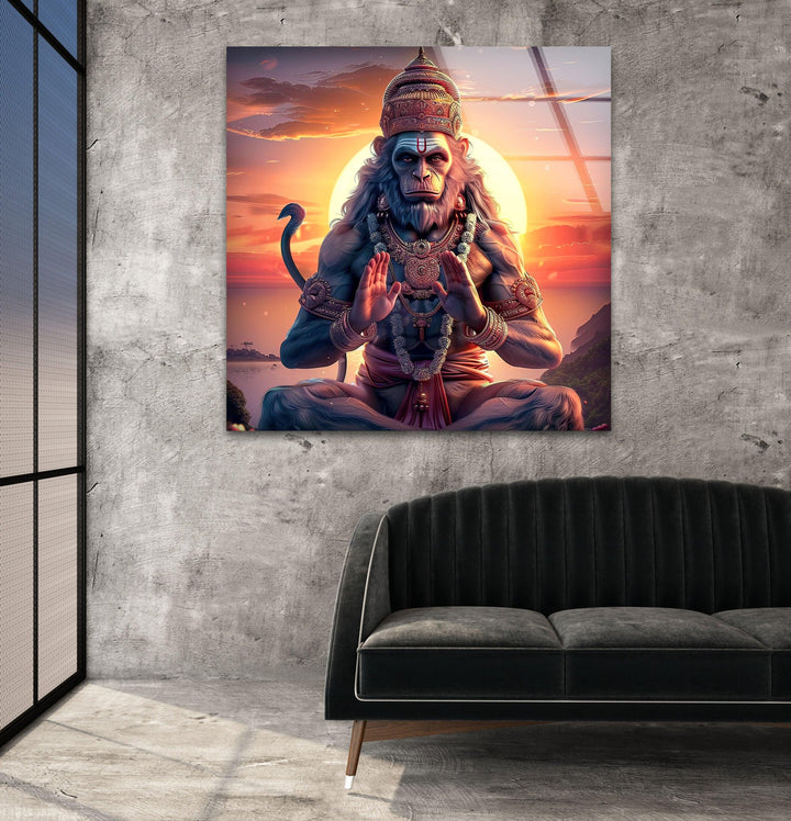 Hanuman God Orange Glass Wall Art picture on glass wall art, photos printed on glass
