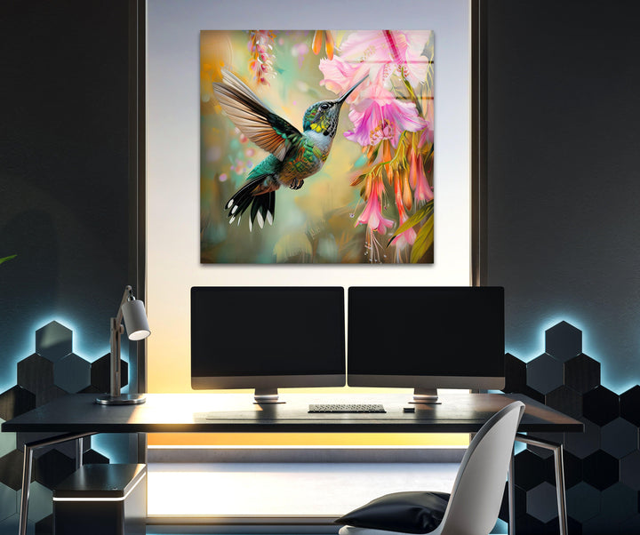 Hummingbird & Flower Glass Wall Art custom glass pictures, glass art prints
