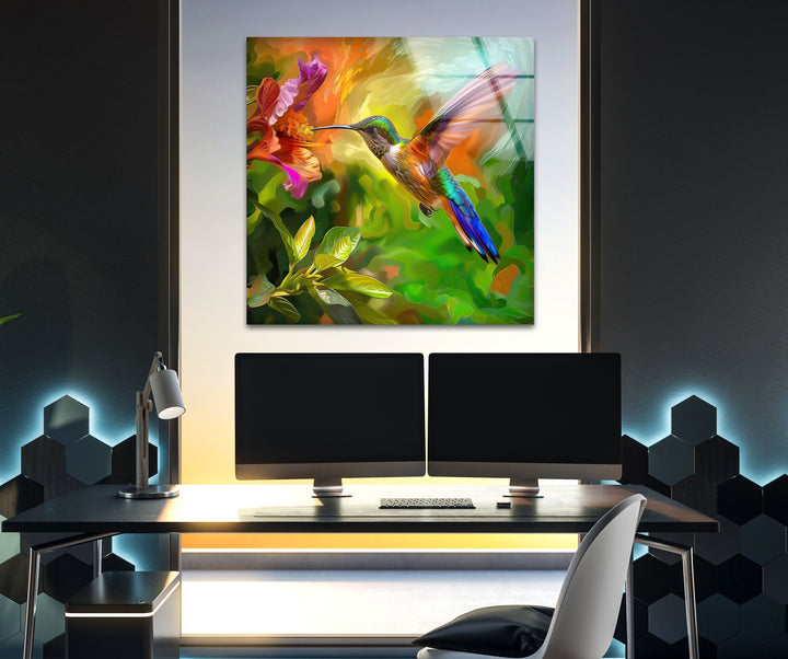 Green Hummingbird Oil Art Glass Wall Art glass image printing, glass prints from photos
