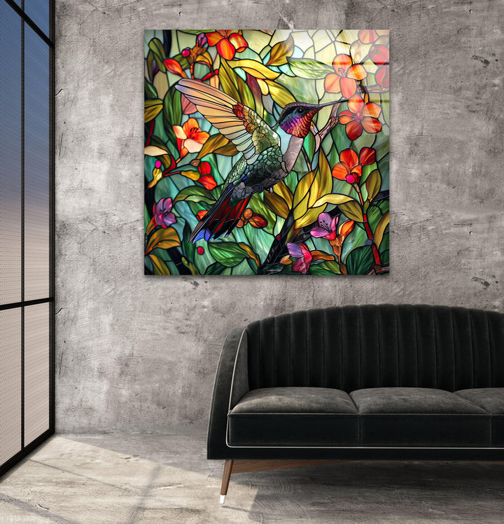 Green Stained Hummingbird Glass Wall Art picture on glass wall art, photos printed on glass
