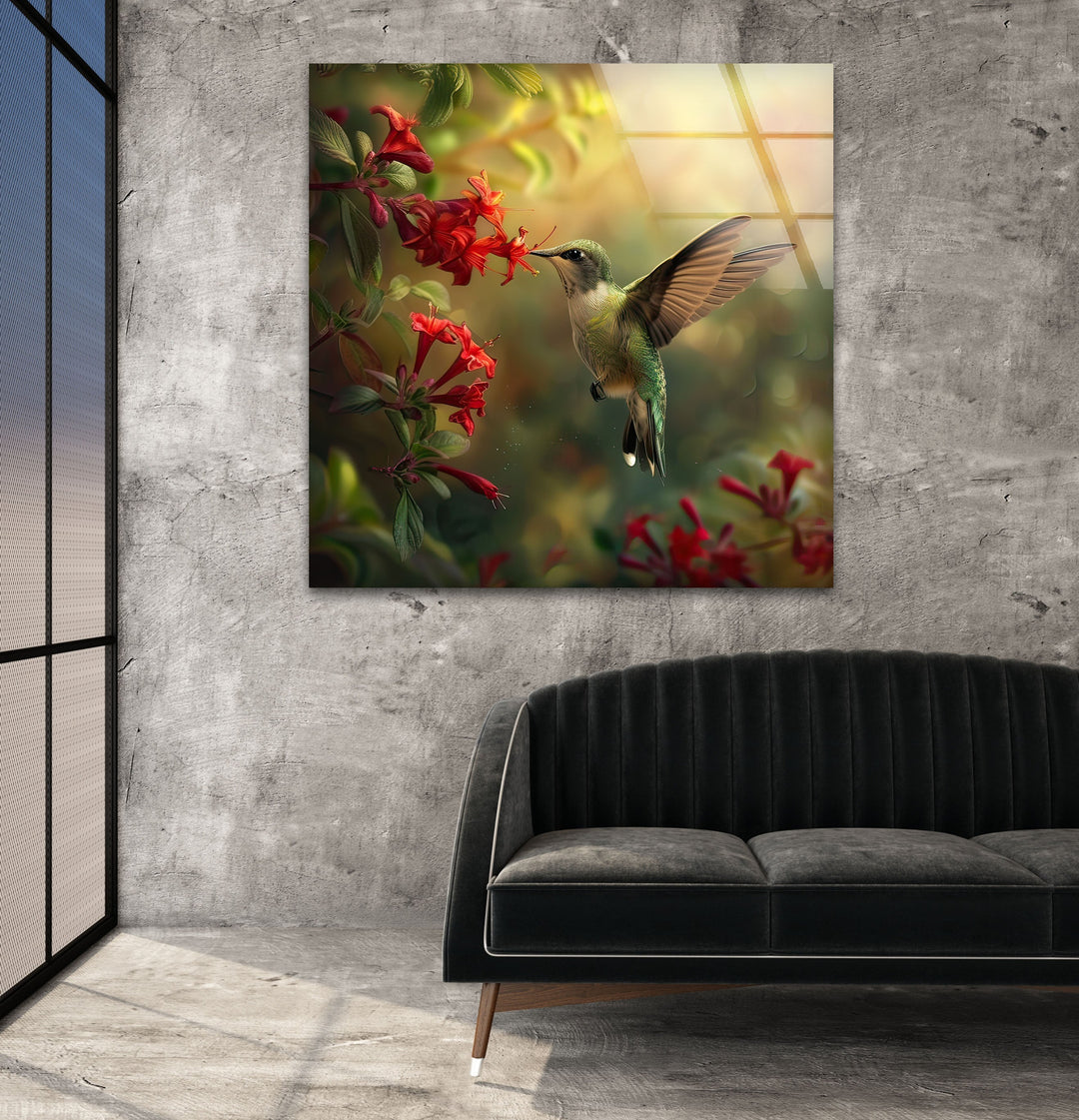 Green Hummingbird & Red Flowers Glass Wall Art print picture on glass, Tempered Glass Wall Art
