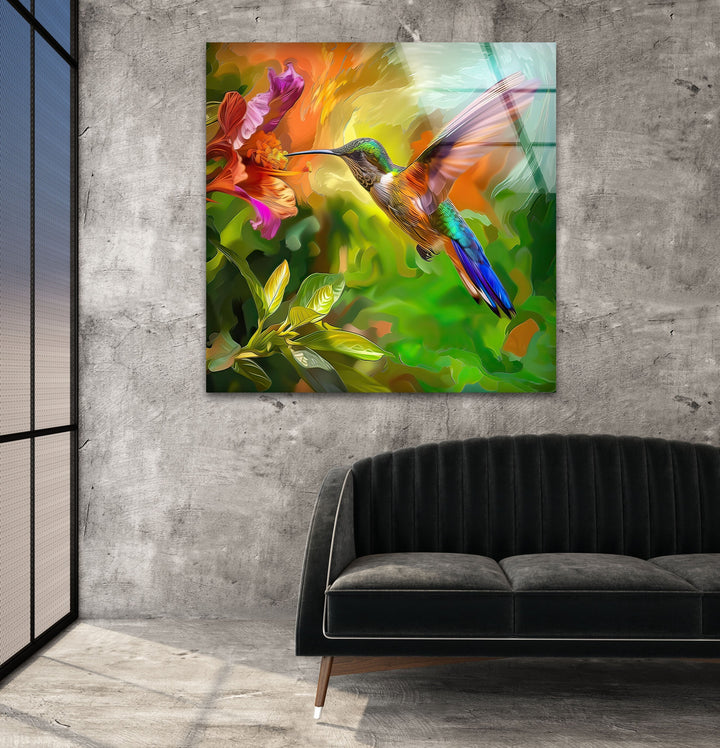 Green Hummingbird Oil Art Glass Wall Art Glass Printing Wall Art, Print photos on glass
