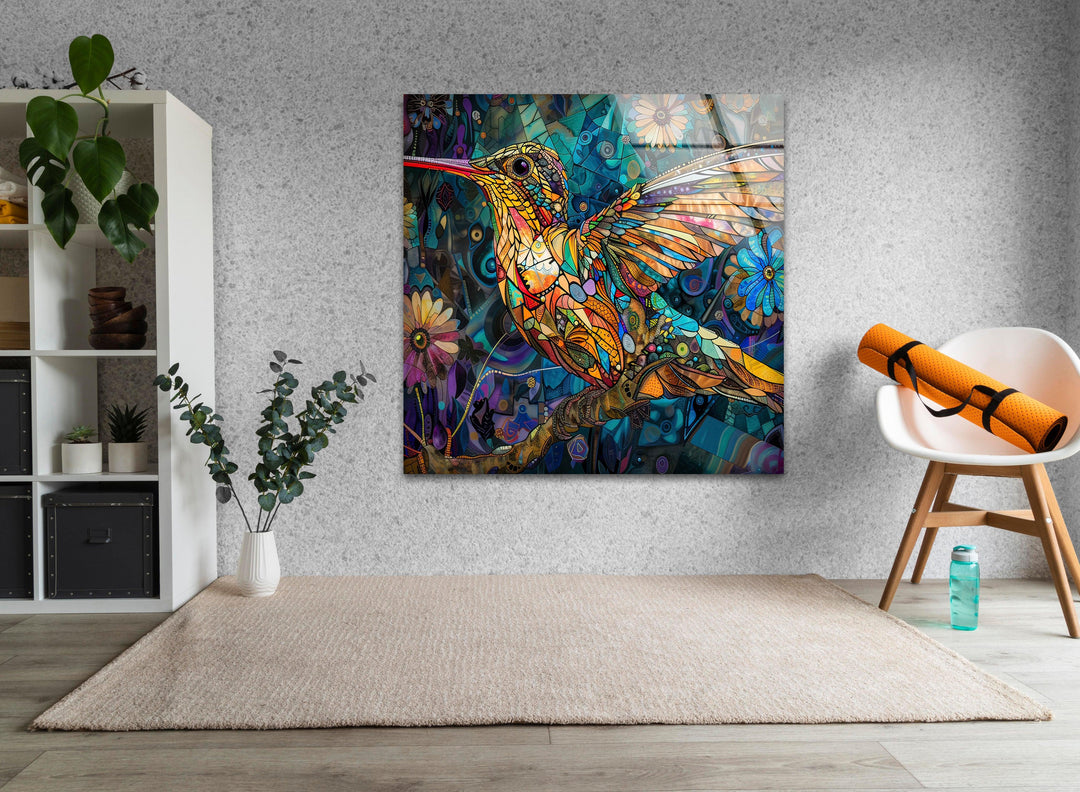 Blue Stained Hummingbird Glass Wall Art photo print on glass, prints on glass wall art
