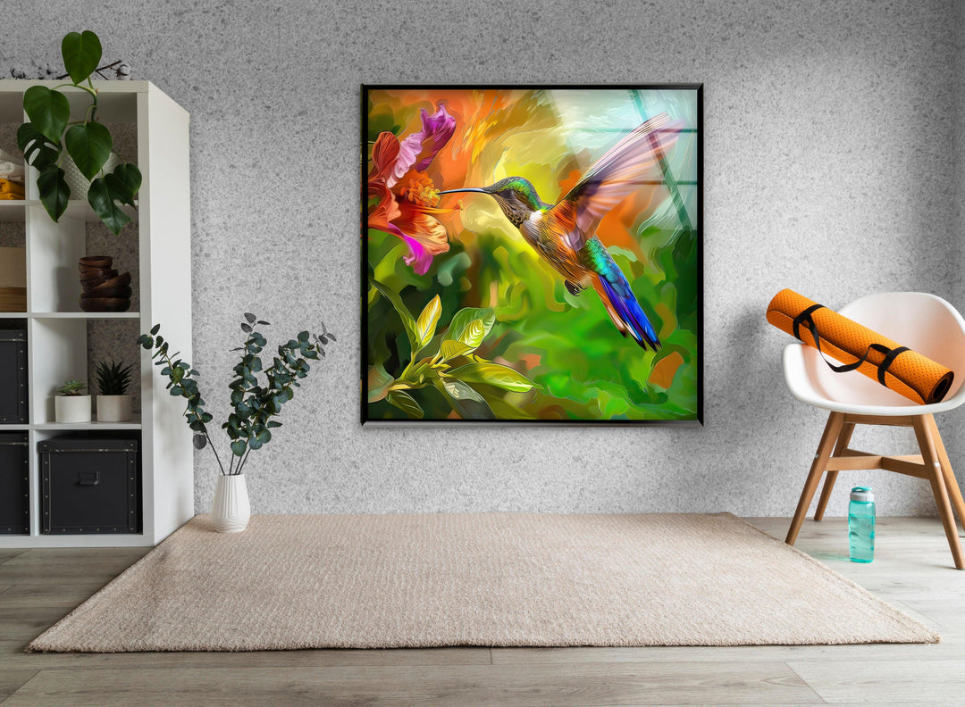 Green Hummingbird Oil Art Glass Wall Art glass photo prints, glass picture prints
