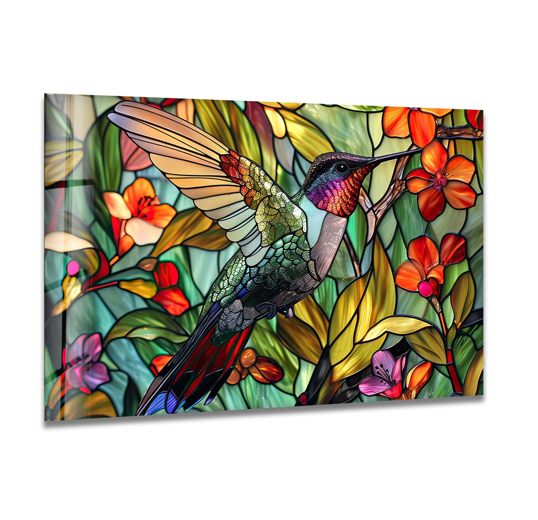 Green Stained Hummingbird Glass Wall Art large glass photo prints, glass wall photos
