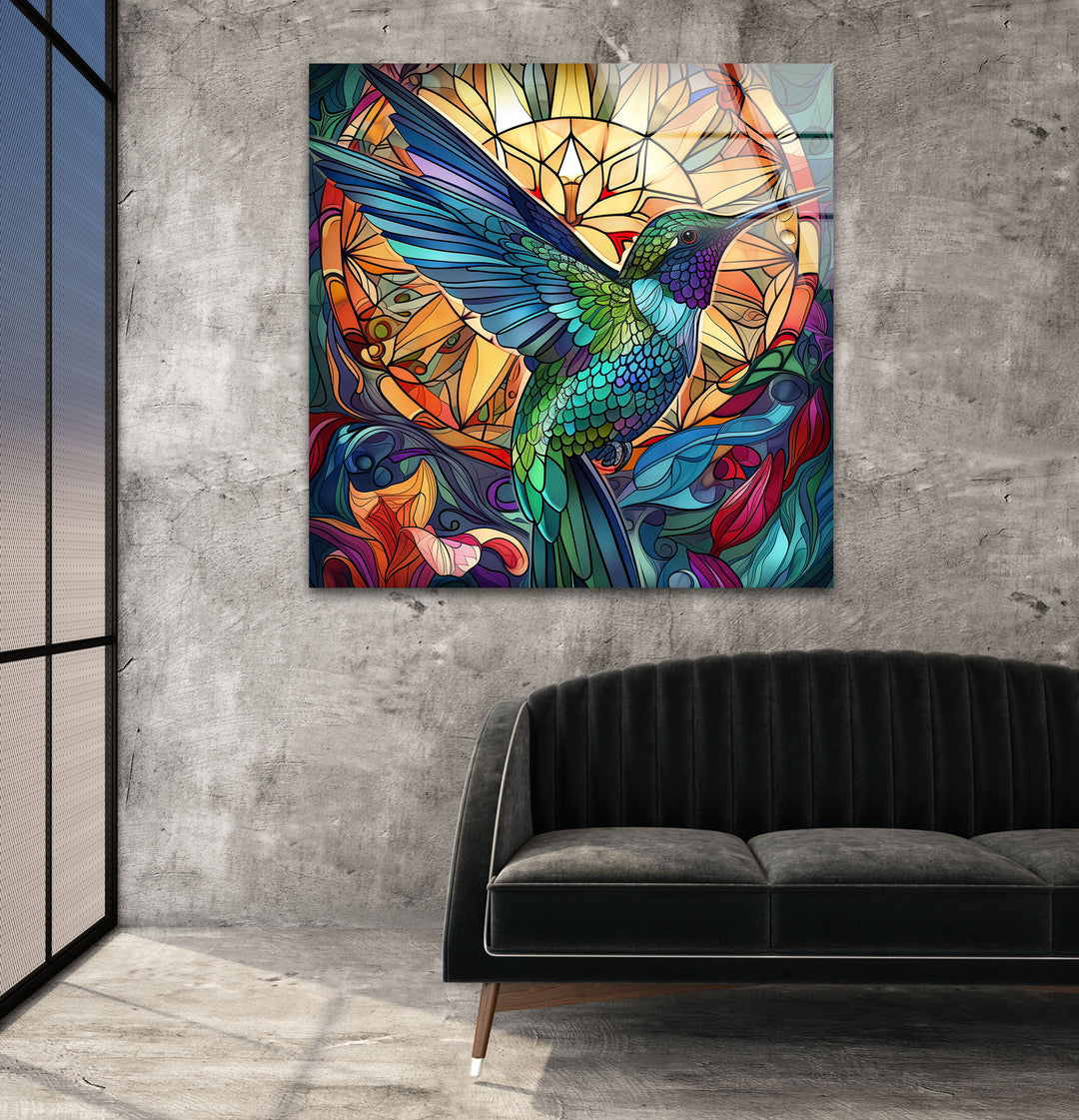 Hummingbird Green Stained Glass Wall Art custom glass pictures, glass art prints
