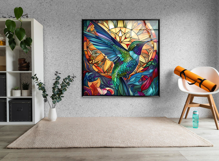 Hummingbird Green Stained Glass Wall Art photo print on glass, prints on glass wall art
