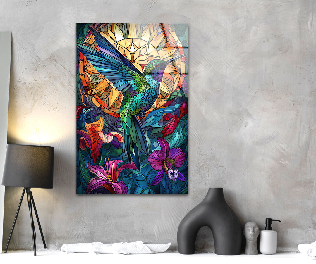 Hummingbird Green Stained Glass Wall Art print on glass, glass printed photos
